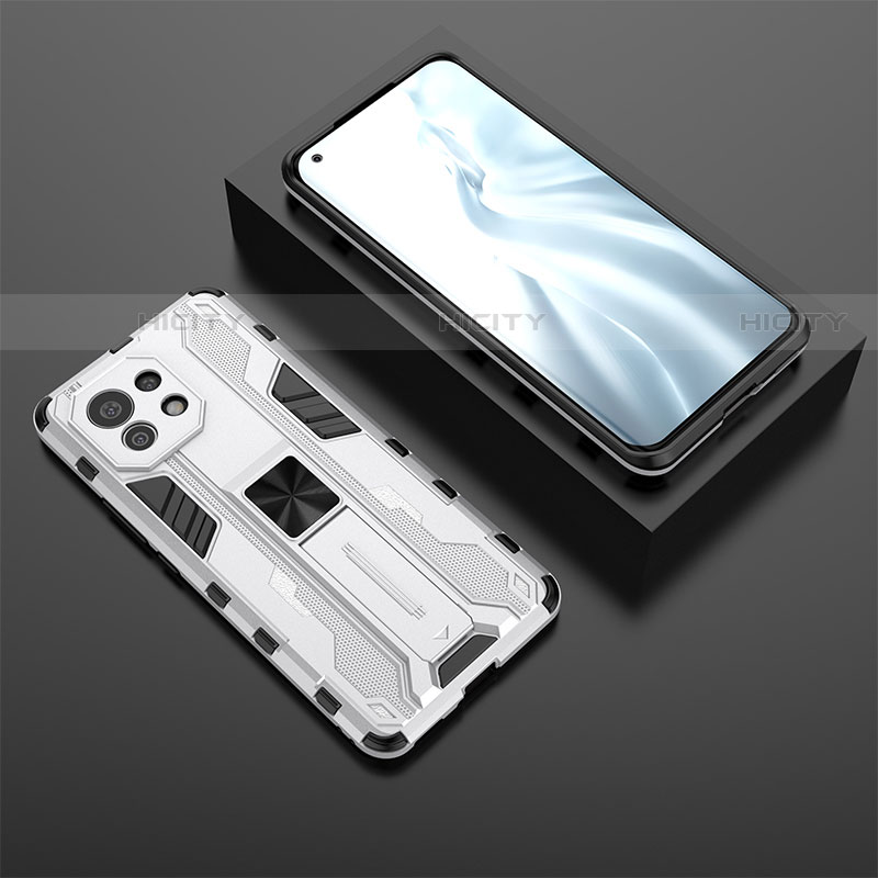 Coque Contour Silicone et Plastique Housse Etui Mat avec Aimant Magnetique Support H03 pour Xiaomi Mi 11 5G Blanc Plus