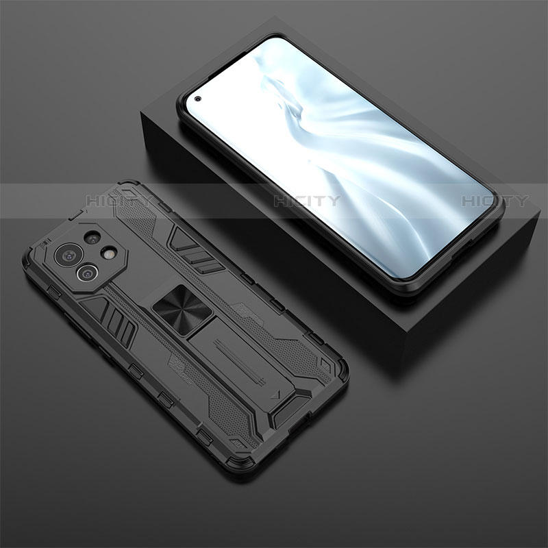 Coque Contour Silicone et Plastique Housse Etui Mat avec Aimant Magnetique Support H03 pour Xiaomi Mi 11 5G Noir Plus