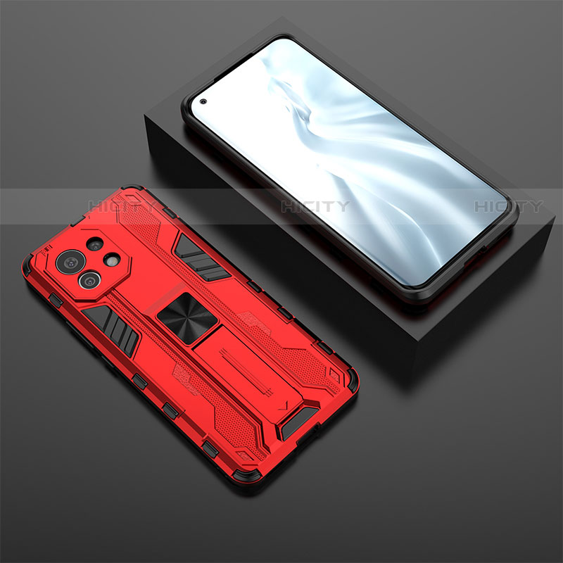 Coque Contour Silicone et Plastique Housse Etui Mat avec Aimant Magnetique Support H03 pour Xiaomi Mi 11 Lite 5G Rouge Plus