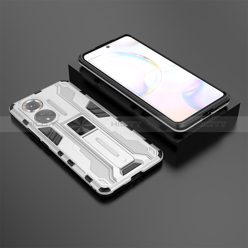 Coque Contour Silicone et Plastique Housse Etui Mat avec Aimant Magnetique Support KC1 pour Huawei Honor 50 5G Argent Plus