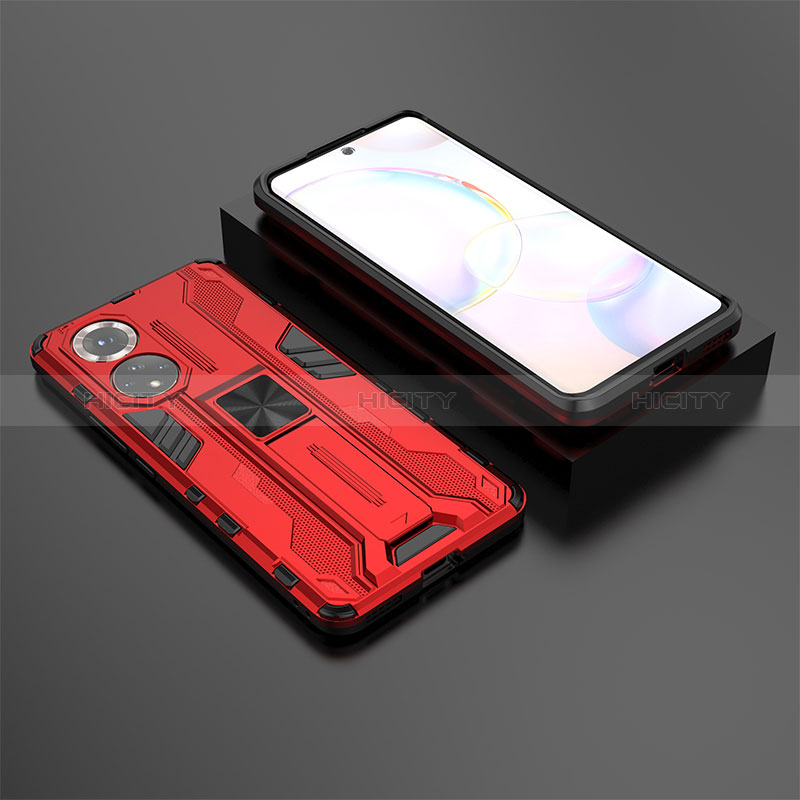 Coque Contour Silicone et Plastique Housse Etui Mat avec Aimant Magnetique Support KC1 pour Huawei Honor 50 5G Rouge Plus