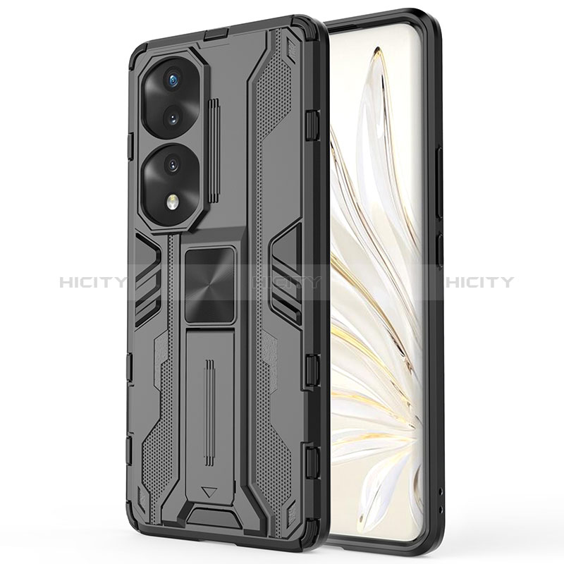 Coque Contour Silicone et Plastique Housse Etui Mat avec Aimant Magnetique Support KC1 pour Huawei Honor 70 Pro+ Plus 5G Noir Plus