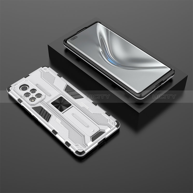 Coque Contour Silicone et Plastique Housse Etui Mat avec Aimant Magnetique Support KC1 pour Huawei Honor V40 5G Argent Plus