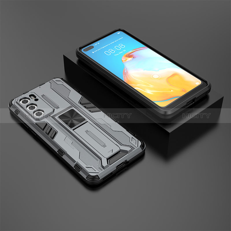 Coque Contour Silicone et Plastique Housse Etui Mat avec Aimant Magnetique Support KC1 pour Huawei P40 Gris Plus