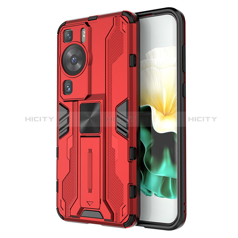 Coque Contour Silicone et Plastique Housse Etui Mat avec Aimant Magnetique Support KC1 pour Huawei P60 Rouge Plus