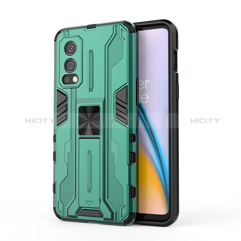 Coque Contour Silicone et Plastique Housse Etui Mat avec Aimant Magnetique Support KC1 pour OnePlus Nord 2 5G Vert Plus