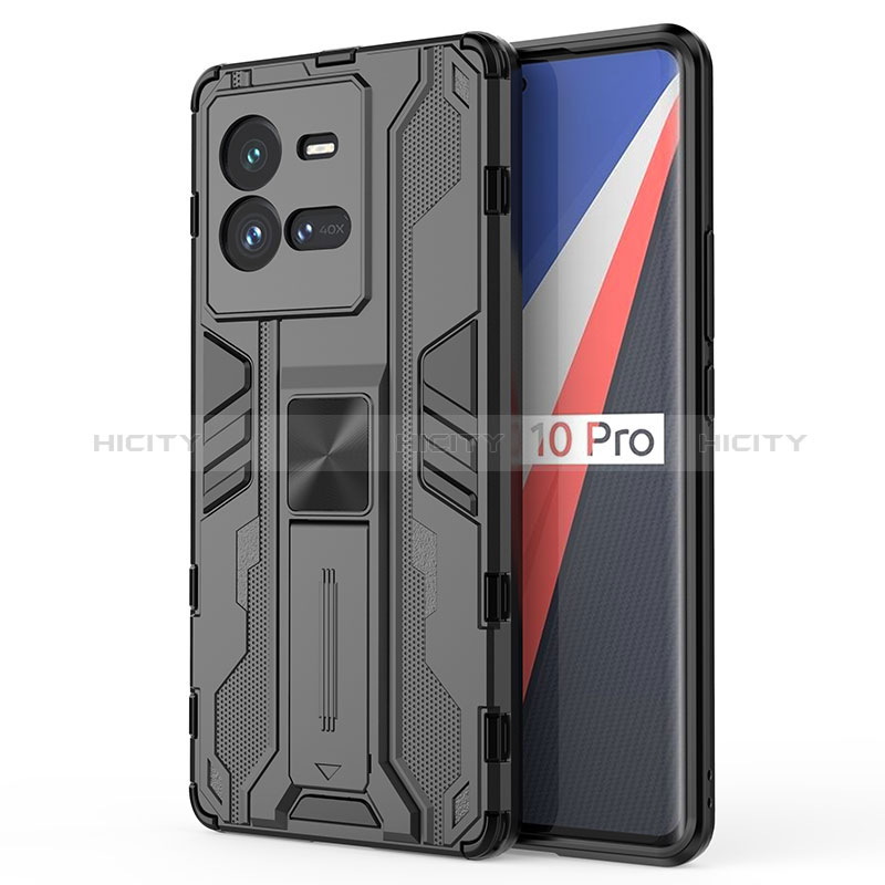 Coque Contour Silicone et Plastique Housse Etui Mat avec Aimant Magnetique Support KC1 pour Vivo iQOO 10 Pro 5G Noir Plus