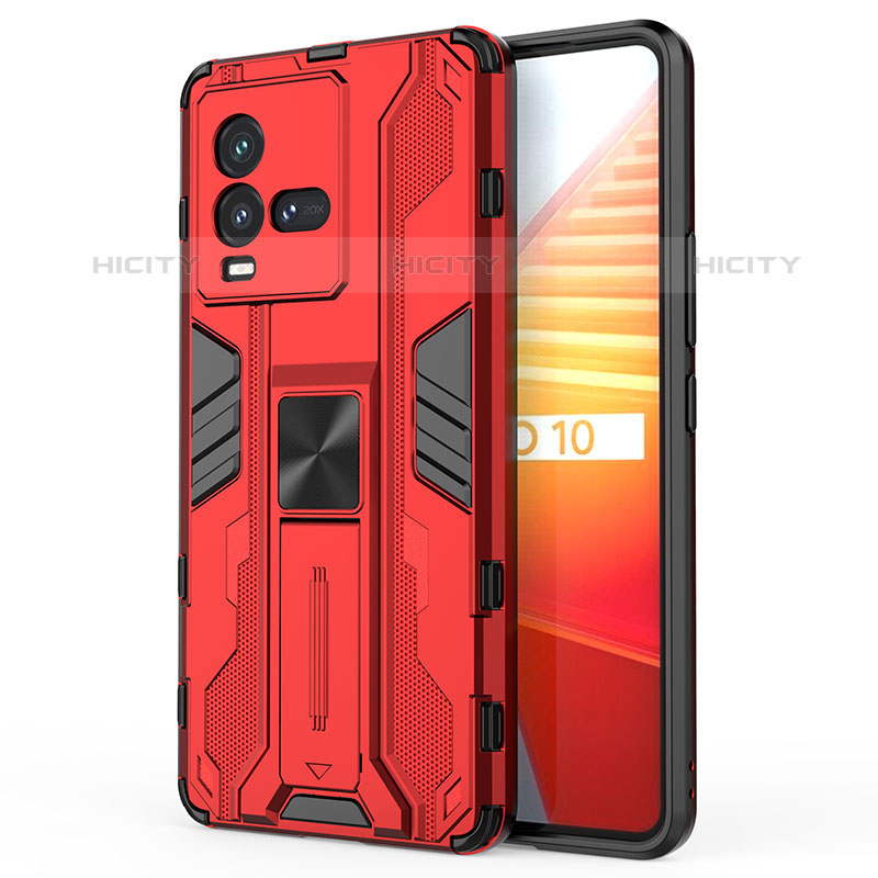 Coque Contour Silicone et Plastique Housse Etui Mat avec Aimant Magnetique Support KC1 pour Vivo iQOO 9T 5G Rouge Plus