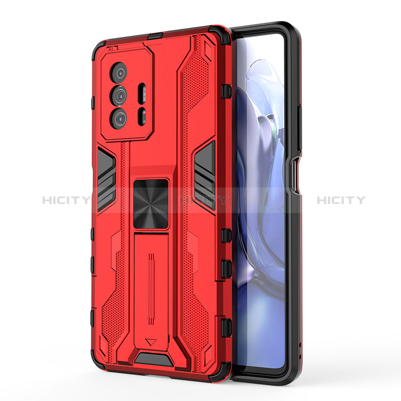 Coque Contour Silicone et Plastique Housse Etui Mat avec Aimant Magnetique Support KC1 pour Xiaomi Mi 11T Pro 5G Rouge Plus