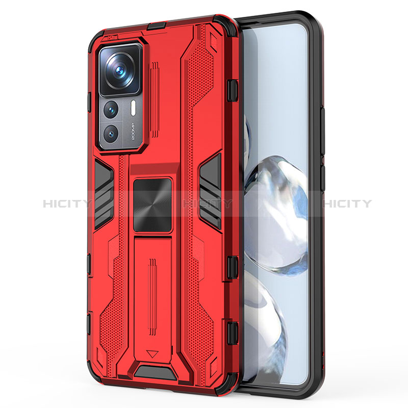 Coque Contour Silicone et Plastique Housse Etui Mat avec Aimant Magnetique Support KC1 pour Xiaomi Mi 12T 5G Rouge Plus