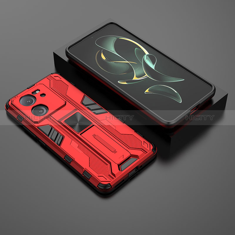 Coque Contour Silicone et Plastique Housse Etui Mat avec Aimant Magnetique Support KC1 pour Xiaomi Mi 13T 5G Rouge Plus