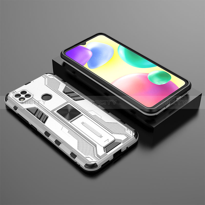 Coque Contour Silicone et Plastique Housse Etui Mat avec Aimant Magnetique Support KC1 pour Xiaomi POCO C3 Argent Plus