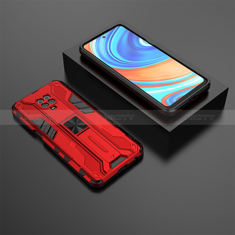 Coque Contour Silicone et Plastique Housse Etui Mat avec Aimant Magnetique Support KC1 pour Xiaomi Poco M2 Pro Rouge Plus