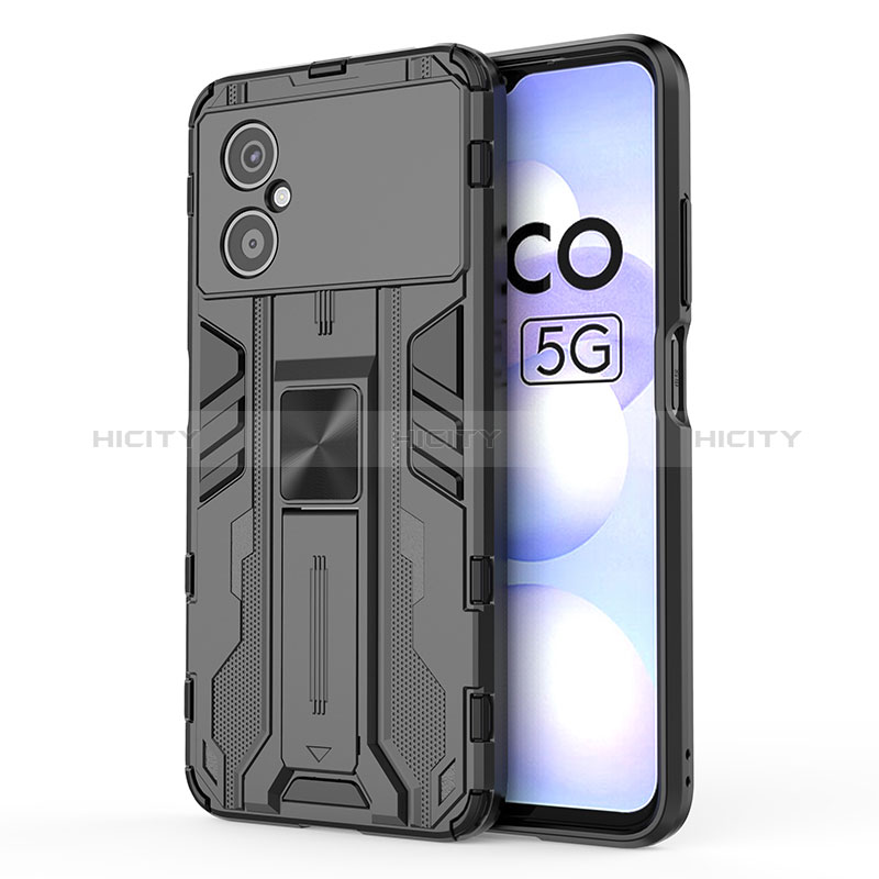 Coque Contour Silicone et Plastique Housse Etui Mat avec Aimant Magnetique Support KC1 pour Xiaomi Poco M4 5G Noir Plus