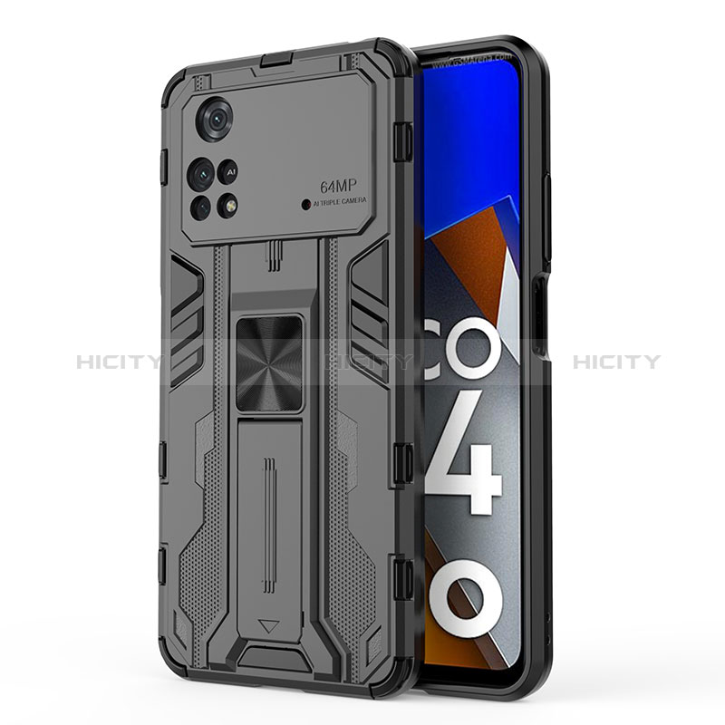 Coque Contour Silicone et Plastique Housse Etui Mat avec Aimant Magnetique Support KC1 pour Xiaomi Poco M4 Pro 4G Noir Plus