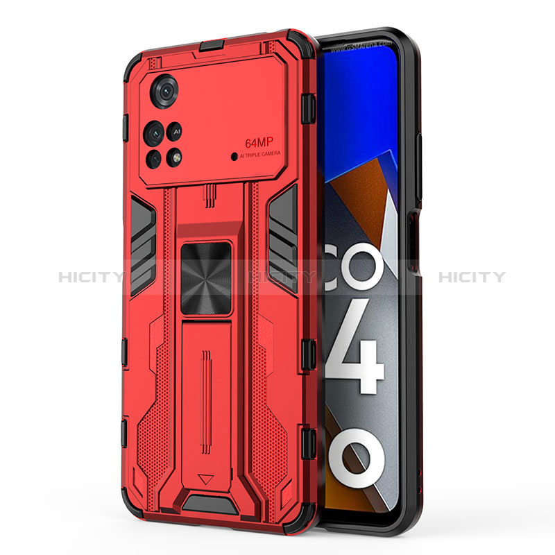 Coque Contour Silicone et Plastique Housse Etui Mat avec Aimant Magnetique Support KC1 pour Xiaomi Poco M4 Pro 4G Rouge Plus