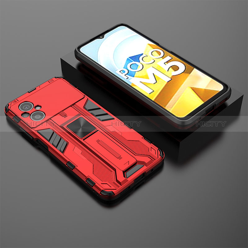 Coque Contour Silicone et Plastique Housse Etui Mat avec Aimant Magnetique Support KC1 pour Xiaomi Poco M5 4G Rouge Plus