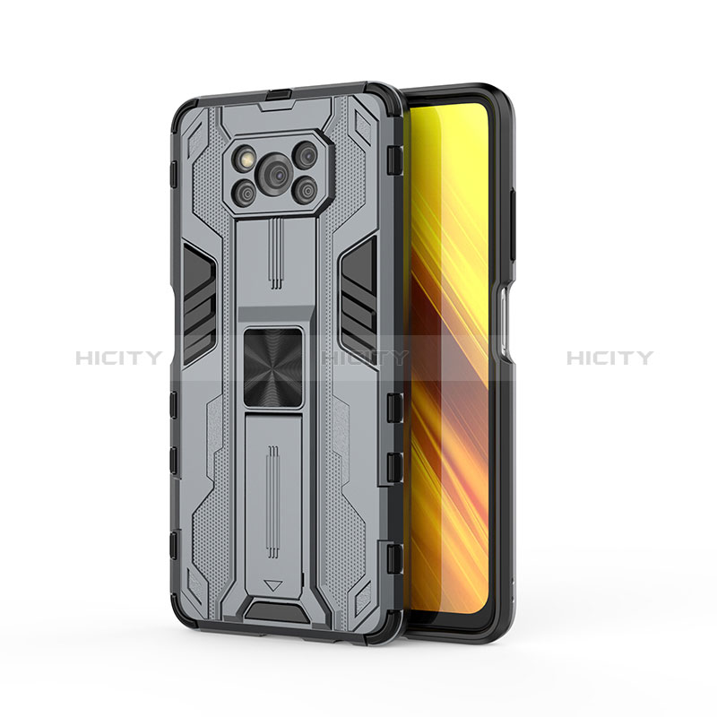 Coque Contour Silicone et Plastique Housse Etui Mat avec Aimant Magnetique Support KC1 pour Xiaomi Poco X3 NFC Gris Plus