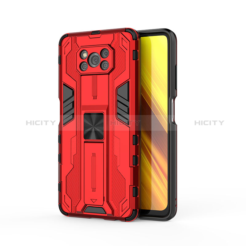 Coque Contour Silicone et Plastique Housse Etui Mat avec Aimant Magnetique Support KC1 pour Xiaomi Poco X3 NFC Rouge Plus