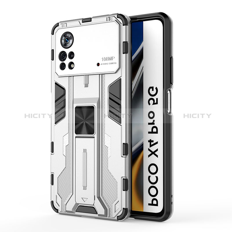 Coque Contour Silicone et Plastique Housse Etui Mat avec Aimant Magnetique Support KC1 pour Xiaomi Poco X4 Pro 5G Argent Plus