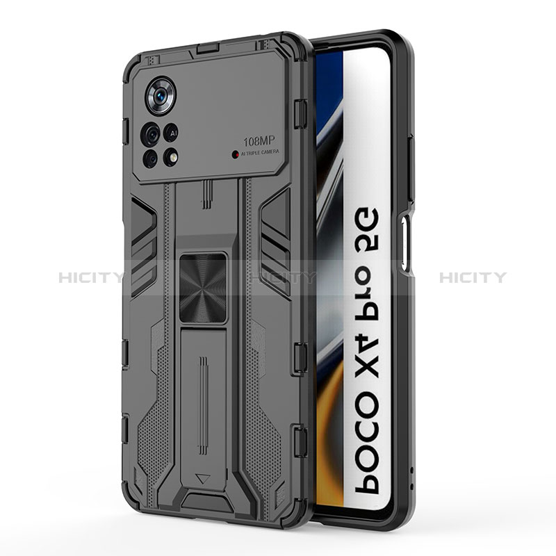 Coque Contour Silicone et Plastique Housse Etui Mat avec Aimant Magnetique Support KC1 pour Xiaomi Poco X4 Pro 5G Noir Plus