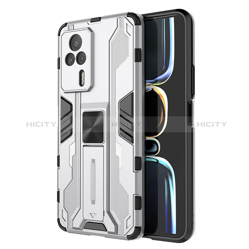 Coque Contour Silicone et Plastique Housse Etui Mat avec Aimant Magnetique Support KC1 pour Xiaomi Redmi K60E 5G Argent Plus