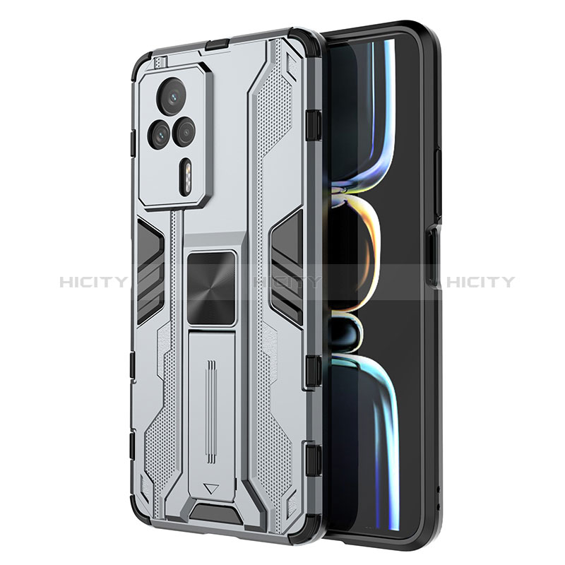 Coque Contour Silicone et Plastique Housse Etui Mat avec Aimant Magnetique Support KC1 pour Xiaomi Redmi K60E 5G Gris Plus