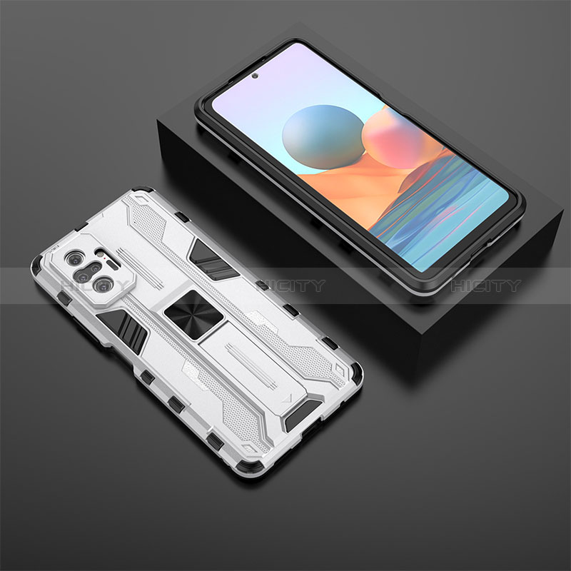 Coque Contour Silicone et Plastique Housse Etui Mat avec Aimant Magnetique Support KC1 pour Xiaomi Redmi Note 10 Pro 4G Argent Plus