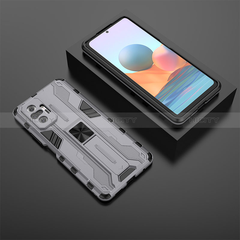 Coque Contour Silicone et Plastique Housse Etui Mat avec Aimant Magnetique Support KC1 pour Xiaomi Redmi Note 10 Pro 4G Gris Plus