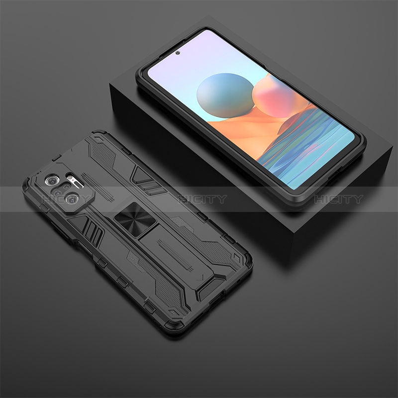 Coque Contour Silicone et Plastique Housse Etui Mat avec Aimant Magnetique Support KC1 pour Xiaomi Redmi Note 10 Pro 4G Noir Plus