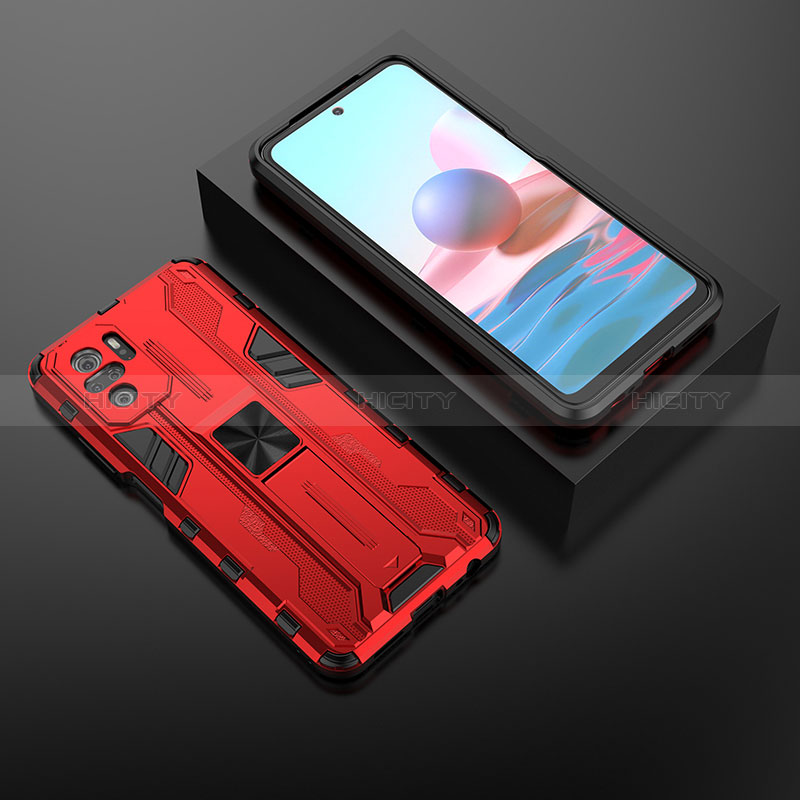Coque Contour Silicone et Plastique Housse Etui Mat avec Aimant Magnetique Support KC1 pour Xiaomi Redmi Note 10S 4G Rouge Plus
