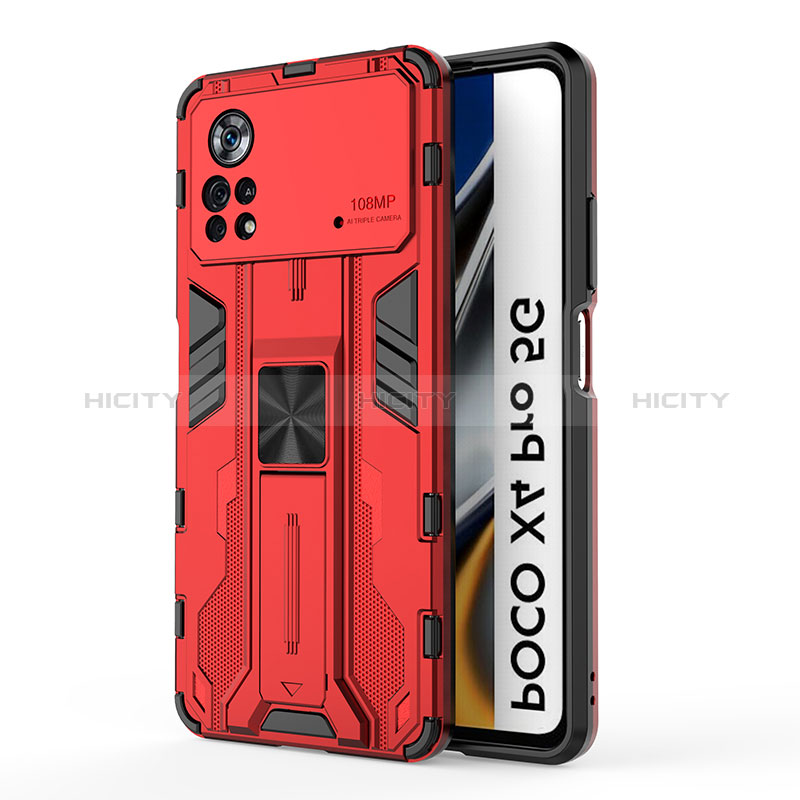 Coque Contour Silicone et Plastique Housse Etui Mat avec Aimant Magnetique Support KC1 pour Xiaomi Redmi Note 11E Pro 5G Rouge Plus