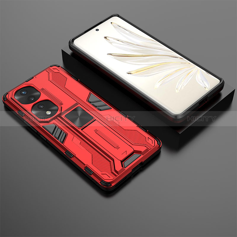 Coque Contour Silicone et Plastique Housse Etui Mat avec Aimant Magnetique Support KC2 pour Huawei Honor 70 Pro+ Plus 5G Rouge Plus