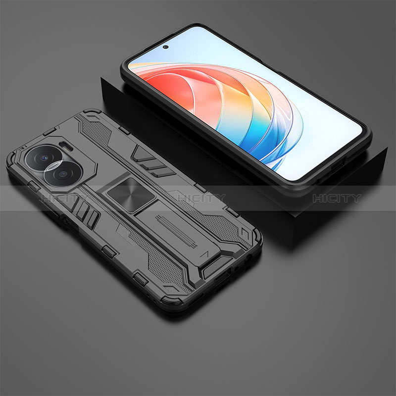 Coque Contour Silicone et Plastique Housse Etui Mat avec Aimant Magnetique Support KC2 pour Huawei Honor X40i 5G Noir Plus