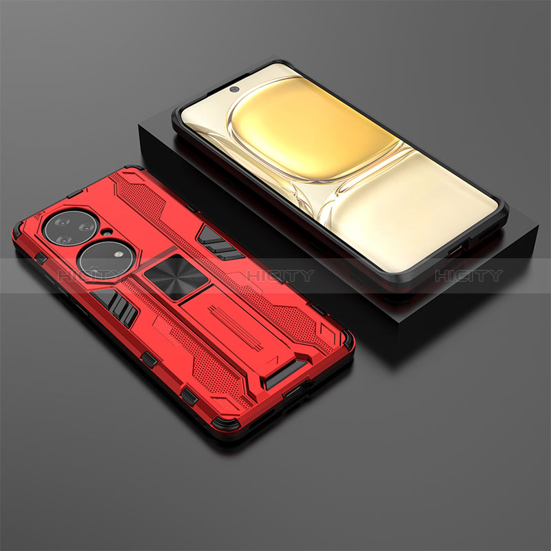 Coque Contour Silicone et Plastique Housse Etui Mat avec Aimant Magnetique Support KC2 pour Huawei P50 Pro Rouge Plus