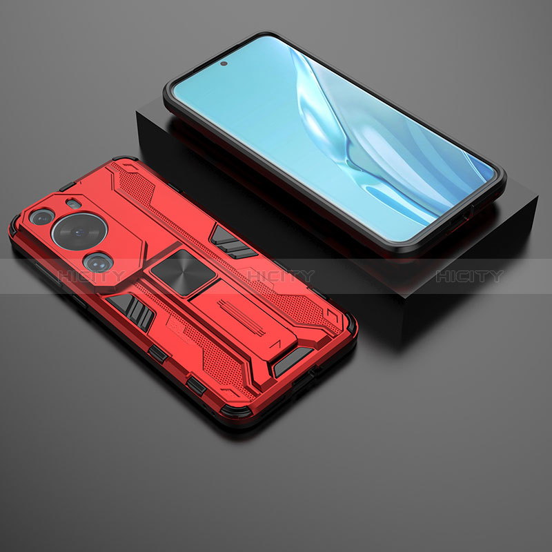 Coque Contour Silicone et Plastique Housse Etui Mat avec Aimant Magnetique Support KC2 pour Huawei P60 Art Rouge Plus