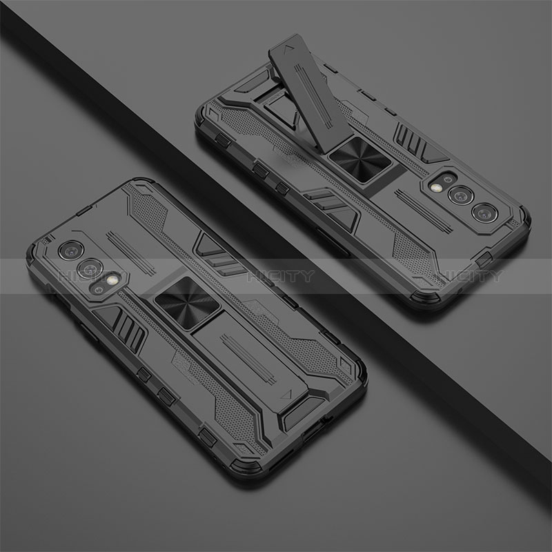 Coque Contour Silicone et Plastique Housse Etui Mat avec Aimant Magnetique Support KC2 pour OnePlus Nord 2 5G Noir Plus