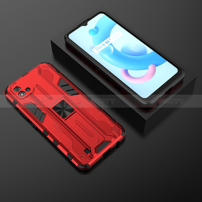 Coque Contour Silicone et Plastique Housse Etui Mat avec Aimant Magnetique Support KC2 pour Realme C20 Rouge Plus