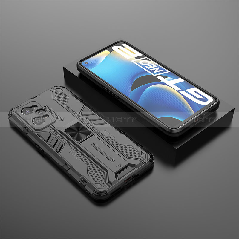 Coque Contour Silicone et Plastique Housse Etui Mat avec Aimant Magnetique Support KC2 pour Realme GT Neo 3T 5G Noir Plus