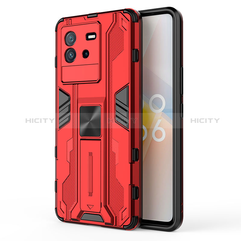 Coque Contour Silicone et Plastique Housse Etui Mat avec Aimant Magnetique Support KC2 pour Vivo iQOO Neo6 5G Rouge Plus