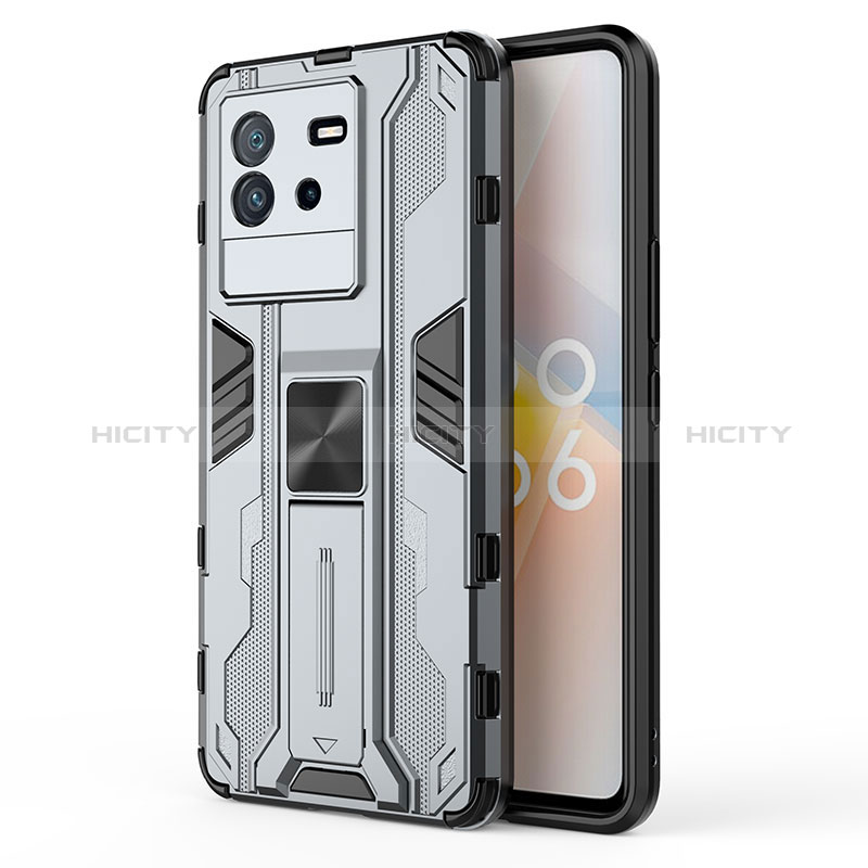 Coque Contour Silicone et Plastique Housse Etui Mat avec Aimant Magnetique Support KC2 pour Vivo iQOO Neo6 SE 5G Gris Plus