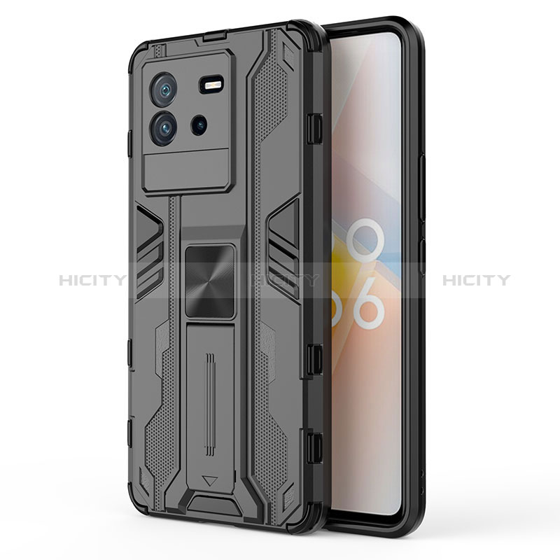 Coque Contour Silicone et Plastique Housse Etui Mat avec Aimant Magnetique Support KC2 pour Vivo iQOO Neo6 SE 5G Noir Plus