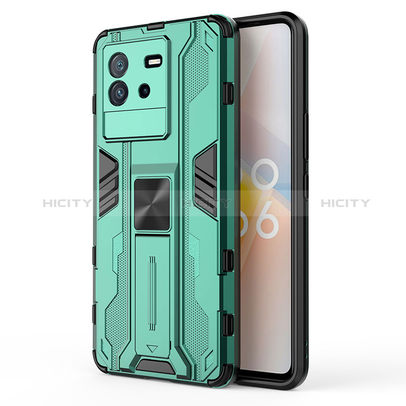 Coque Contour Silicone et Plastique Housse Etui Mat avec Aimant Magnetique Support KC2 pour Vivo iQOO Neo6 SE 5G Vert Plus