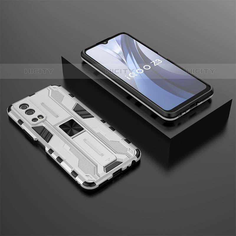 Coque Contour Silicone et Plastique Housse Etui Mat avec Aimant Magnetique Support KC2 pour Vivo iQOO Z3 5G Blanc Plus