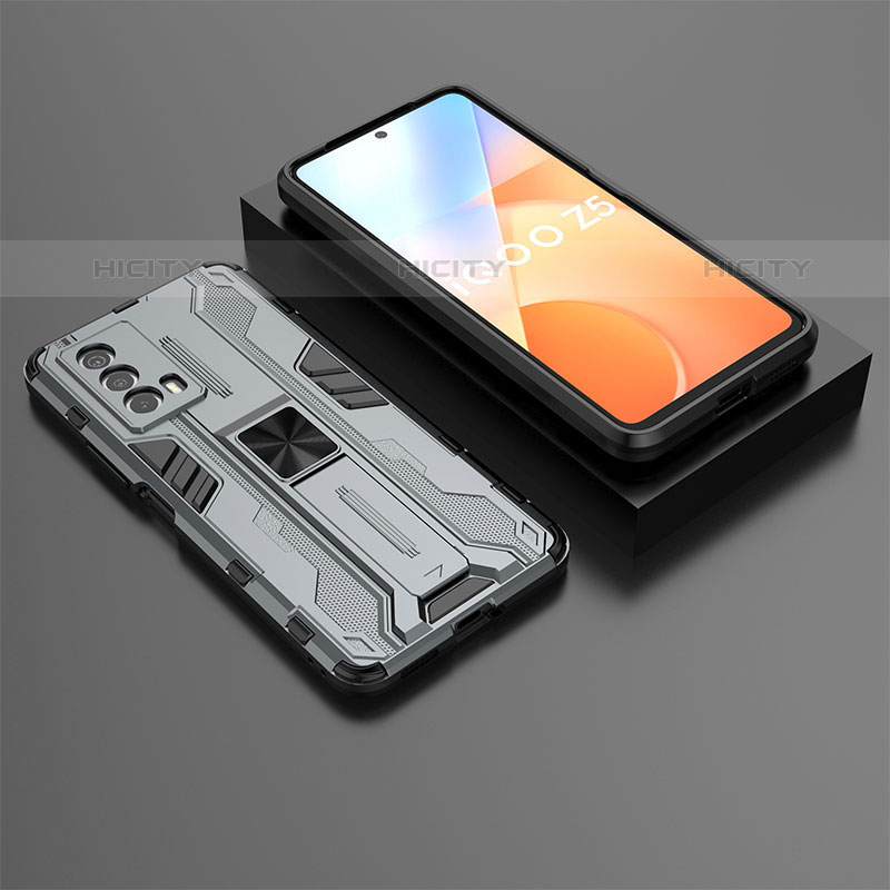 Coque Contour Silicone et Plastique Housse Etui Mat avec Aimant Magnetique Support KC2 pour Vivo iQOO Z5 5G Gris Plus