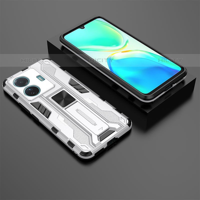 Coque Contour Silicone et Plastique Housse Etui Mat avec Aimant Magnetique Support KC2 pour Vivo iQOO Z6 Pro 5G Blanc Plus