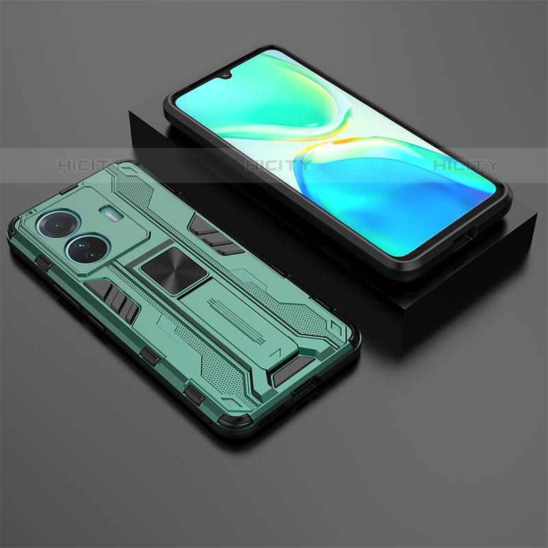 Coque Contour Silicone et Plastique Housse Etui Mat avec Aimant Magnetique Support KC2 pour Vivo iQOO Z6 Pro 5G Vert Plus