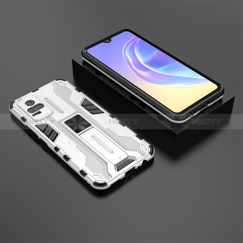 Coque Contour Silicone et Plastique Housse Etui Mat avec Aimant Magnetique Support KC2 pour Vivo V21e 4G Blanc Plus