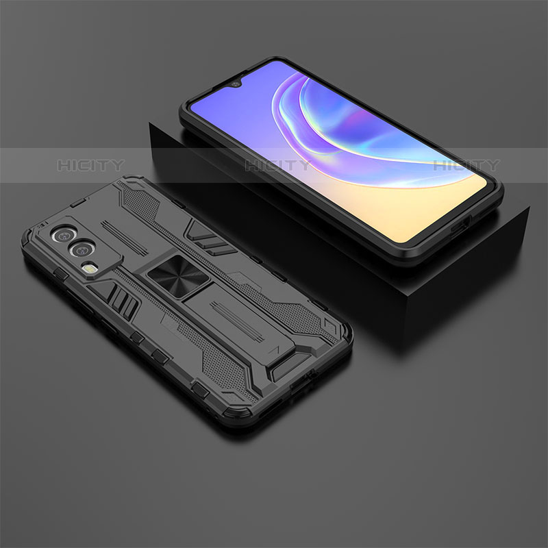 Coque Contour Silicone et Plastique Housse Etui Mat avec Aimant Magnetique Support KC2 pour Vivo V21e 5G Noir Plus