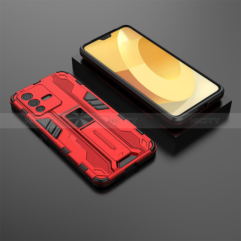 Coque Contour Silicone et Plastique Housse Etui Mat avec Aimant Magnetique Support KC2 pour Vivo V23 5G Rouge Plus